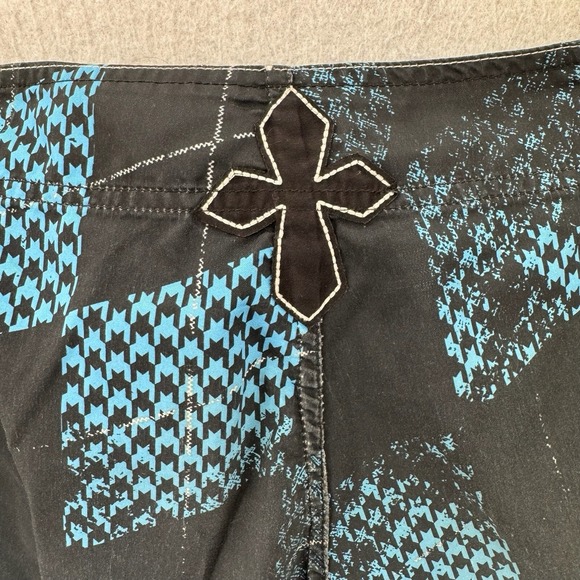 Micros Board Shorts Mens 32 Blue Checkered Skulls Crown Embroidered Swim Trunks - Picture 3 of 7